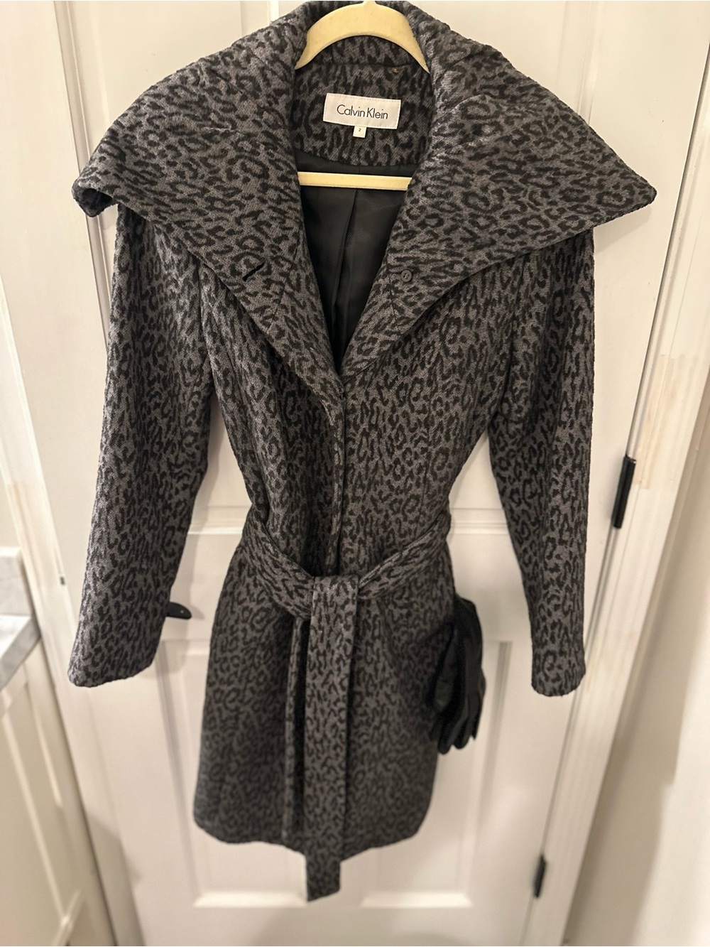 Calvin Klein Women's Charcoal Leopard-Print Belted Trench Coat